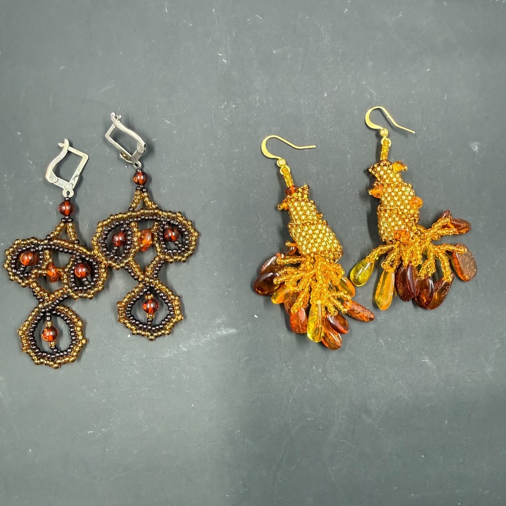 Luba Tarasova / Tarasova Collection Baltic Amber Beaded Earrings Lot (2) 3"